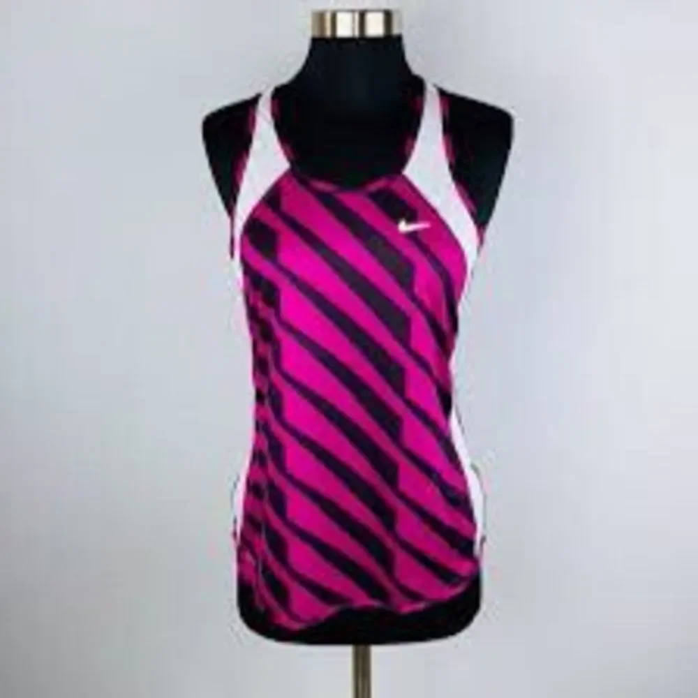 NIke Dri Fit Womens White PInk Black Sleeveless Angled Striped Top